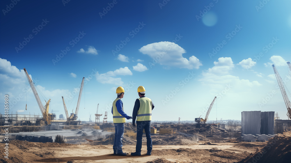 Engineers are discussing building planning at a construction site. Foremen are working outdoors with clear blue sky. Engineers are discussing building planning at a construction site. Foremen are working outdoors with clear blue sky.