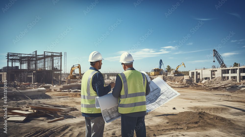 Engineers are discussing building planning at a construction site. Foremen are working outdoors with blueprints and cranes in the background. Engineers are discussing building planning at a construction site. Foremen are working outdoors with blueprints and cranes in the background.