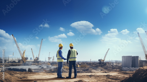 Engineers are discussing building planning at a construction site. Foremen are working outdoors with clear blue sky.