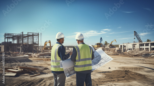 Engineers are discussing building planning at a construction site. Foremen are working outdoors with blueprints and cranes in the background.