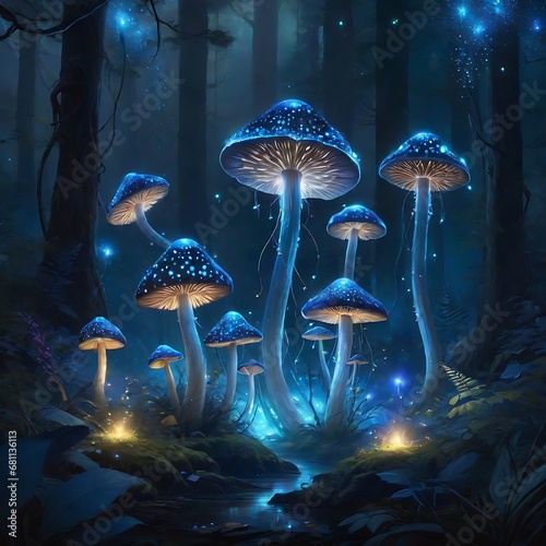 Hidden grove within a dark forest, where giant, luminescent mushrooms create mysterious atmosphere. Generated by AI