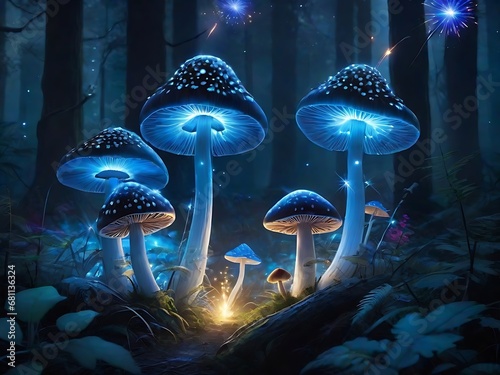 Hidden grove within a dark forest, where giant, luminescent mushrooms create mysterious atmosphere. Generated by AI © Authentic Palace 