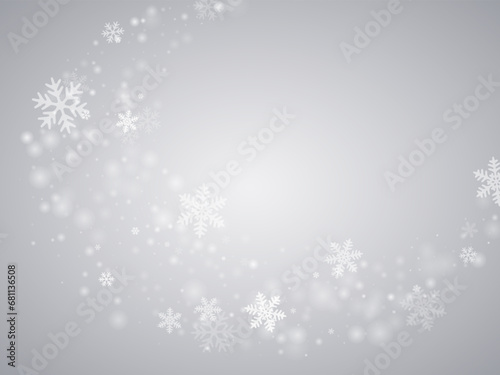 Tiny flying snowflakes background. Snowfall speck ice particles. Snowfall sky white gray composition. Bokeh snowflakes christmas texture. Snow cold season scenery.