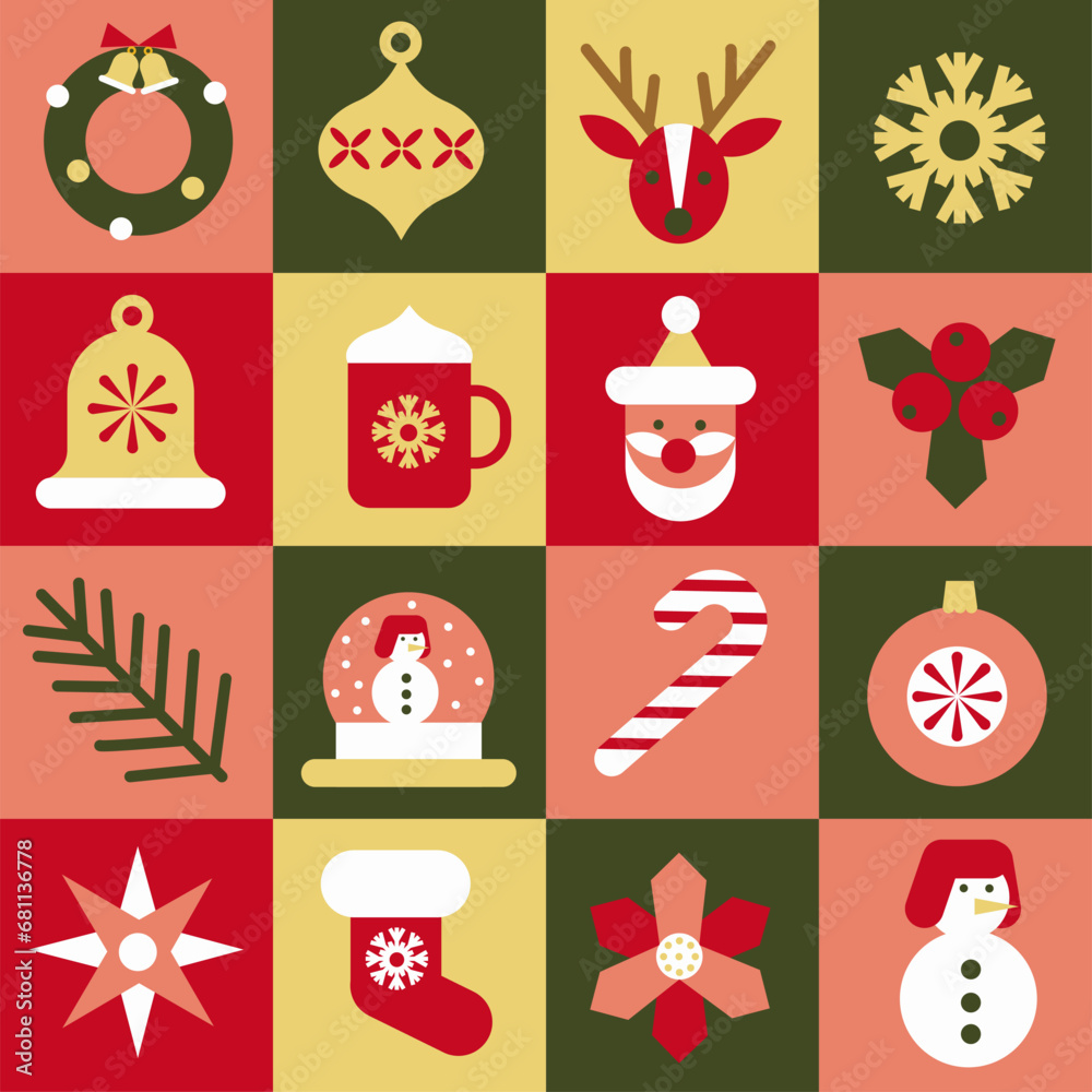 Christmas icons elements witch geometric pattern. Merry Christmas and Happy New Year abstract modern background.