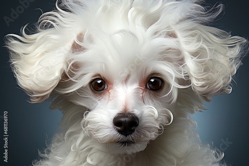 Portrait of white poodle, close up photo, studio photo. Ai art photo