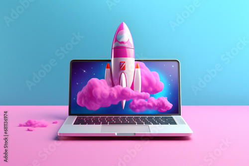 Rocket coming out of laptop screen. Innovation and creativity concept