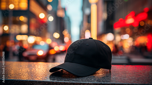gorra negra con una ciudad iluminada de fondo  photo