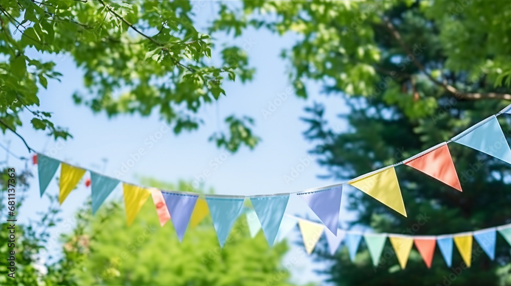 Colorful triangular flags hanging in park between green trees on blue sky background