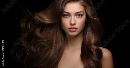 Close-up of a brunette woman\'s hair with loose curls on a black background. Hair is styled in loose curls and looks shiny and healthy. This image is perfect for projects related to hair care