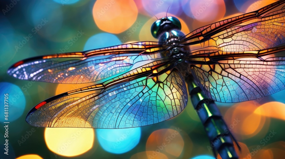AI generated illustration of a dragonfly perched on a branch with its wings spread out AI generated illustration of a dragonfly perched on a branch with its wings spread out