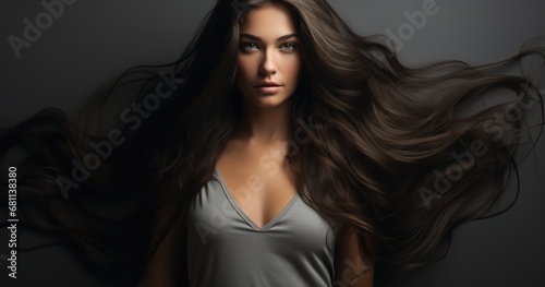 Close-up of a brunette woman's hair with loose curls on a black background. Hair is styled in loose curls and looks shiny and healthy. This image is perfect for projects related to hair care  photo