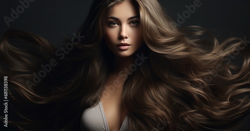 Close-up of a brunette woman's hair with loose curls on a black background. Hair is styled in loose curls and looks shiny and healthy. This image is perfect for projects related to hair care 