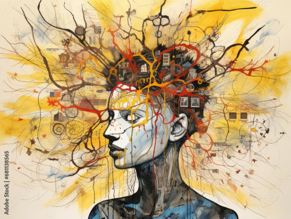 An illustration of a schizophrenic person. The chaos of schizophrenia. a visual representation of the disordered thoughts and perceptions characteristic of schizophrenia  Illustration Generative AI