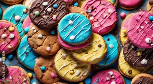 delicious sweets on abstract background  sweets  chocoltae  donuts  sweet colored biscuits