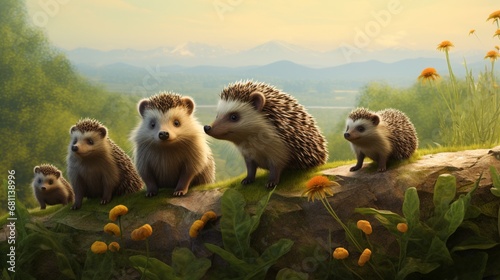A family of hedgehogs foraging for food in a grassy meadow. photo