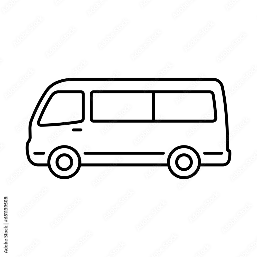 Minibus icon. Minivan. Black contour linear silhouette. Editable strokes. Side view. Vector simple flat graphic illustration. Isolated object on a white background. Isolate. Minibus icon. Minivan. Black contour linear silhouette. Editable strokes. Side view. Vector simple flat graphic illustration. Isolated object on a white background. Isolate.