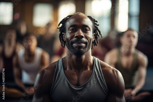 Portrait of a calm happy middle-aged African American man practicing yoga in a group at gym with people