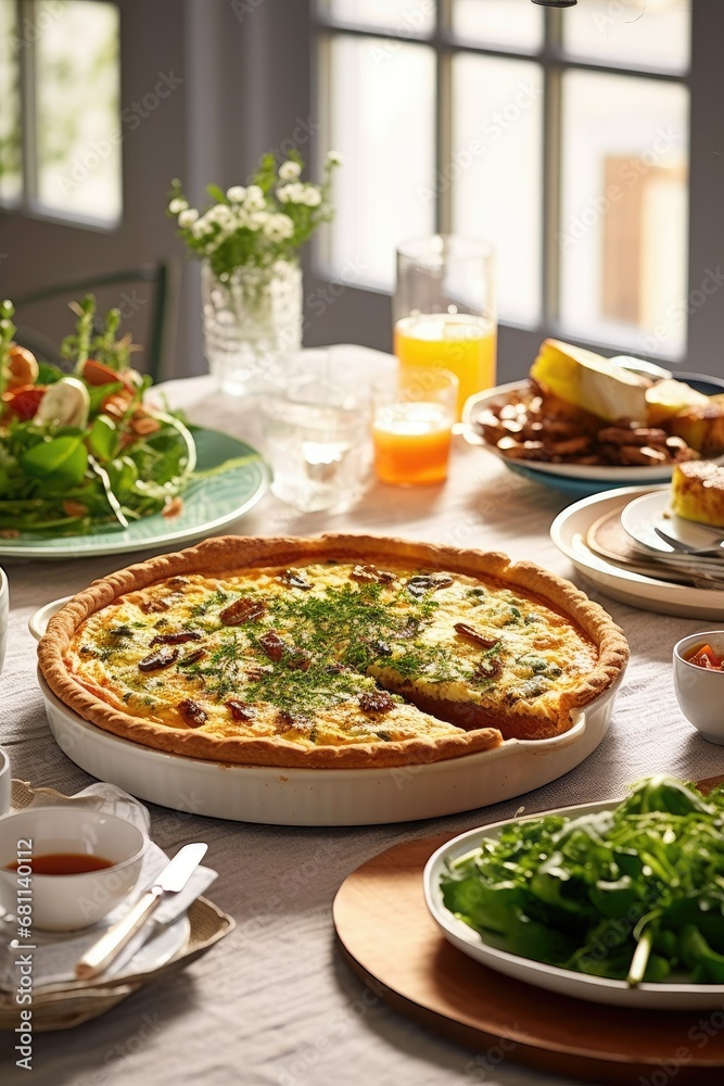 Egg and spinach quiche with cherry tomatoes on a plate in the kitchen. A healthy breakfast menu.