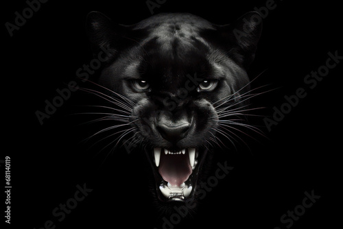 Portrait of a angry black panther with open mouth on a black background. ai generative