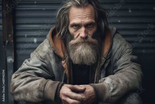 Portrait of homeless man sitting on street. Poverty, misery, bankruptcy, homelessness, crisis, social welfare concept