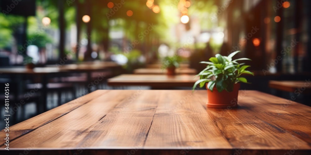 Empty wooden at cafe with people blur background. For advertising. Generative AI Empty wooden at cafe with people blur background. For advertising. Generative AI