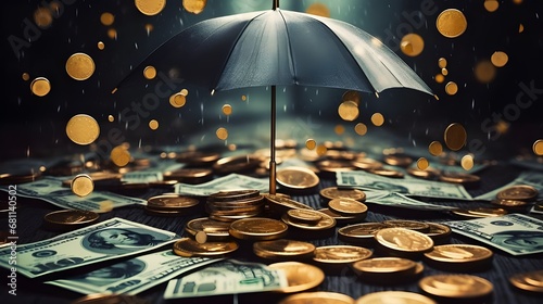 image of an umbrella and money raining, gold coins and dollar bills scattered on the ground, concept of money photo