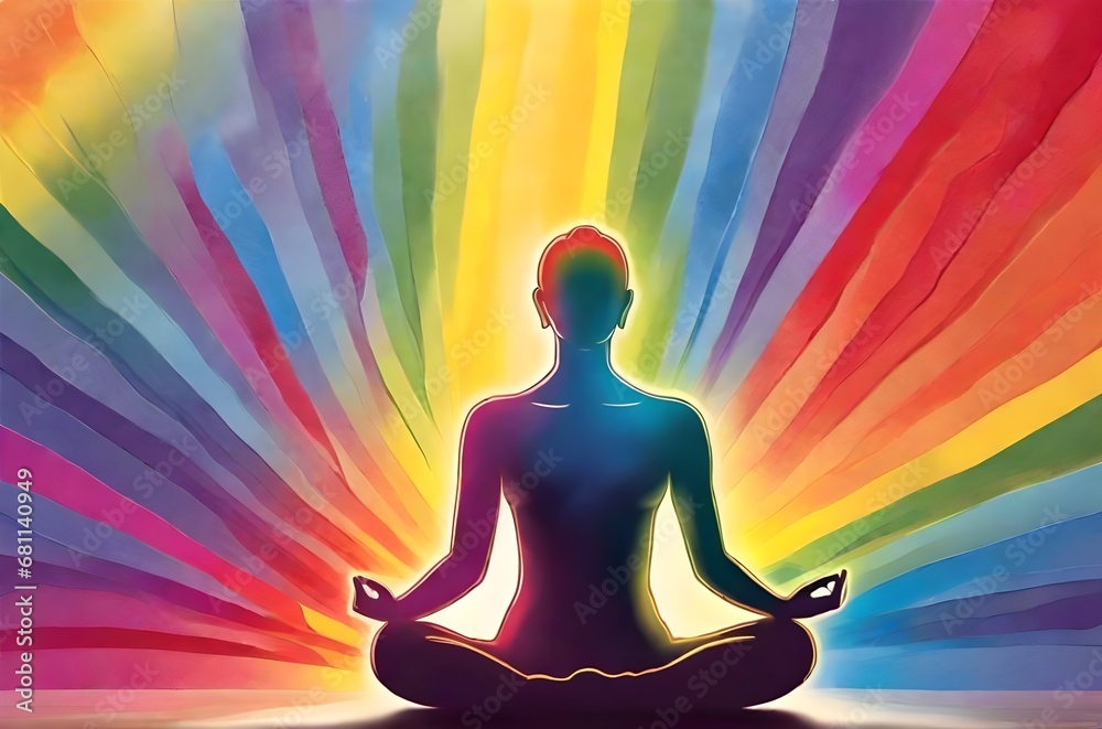 Meditation. Rainbow Background. Generative AI