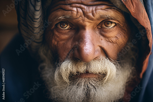 Portrait of homeless man sitting on street. Poverty, misery, bankruptcy, homelessness, crisis, social welfare concept