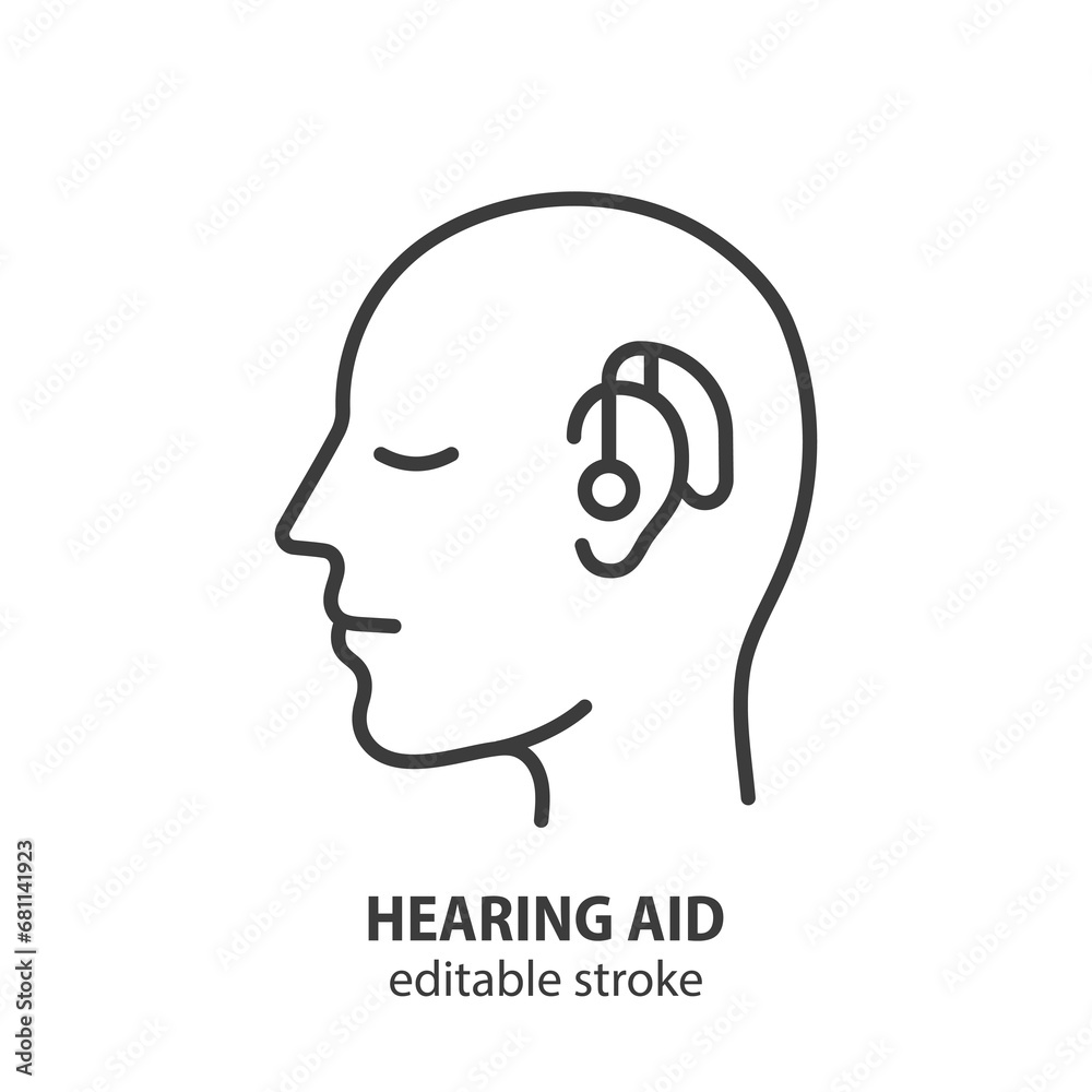Head of a man with a hearing aid line icon. Symbol of deafness. Editable stroke. Vector illustration. Head of a man with a hearing aid line icon. Symbol of deafness. Editable stroke. Vector illustration.