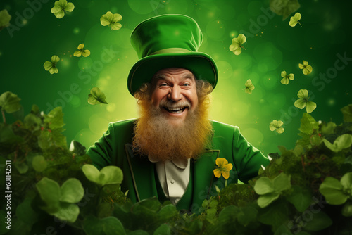 funny smiling old irish leprechaun with flying four leaf clover on green background. ireland culture saint patricks day party concept photo