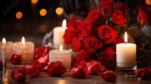 Romantic dinner scene with candles and roses on a festive table on Valentine's Day with blurred bokeh background.