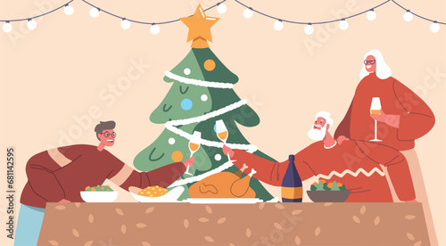 Gathered Around A Festive Table, Family Celebrates Christmas With Joy And Warmth, Grandparents and Grandson