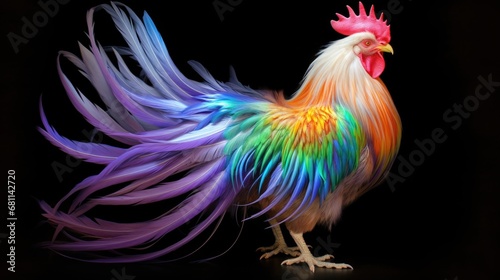 A colorful rooster standing on a black surface © Friedbert