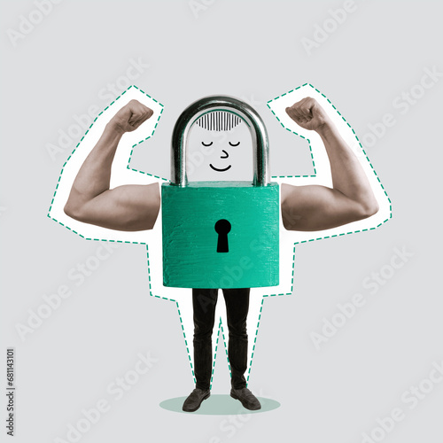A closed lock is a guarantee of security. Art collage.