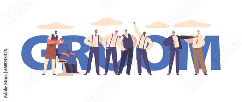 Groom Nervously Prepare For Marriage, Surrounded By A Whirlwind Of Wedding Preparations Banner Or Poster