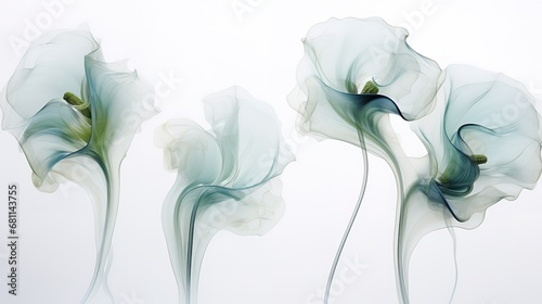 Delicate background with transparent x-ray turquoise, blue flowers on a white background. photo
