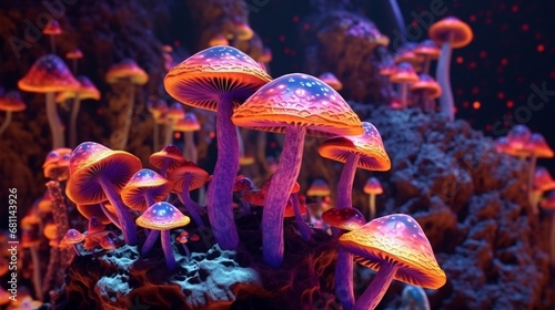 3D psychedelic dmt style mushrooms hyper realistic in.Generative AI