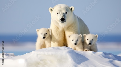 A family of polar bears in the Arctic tundra