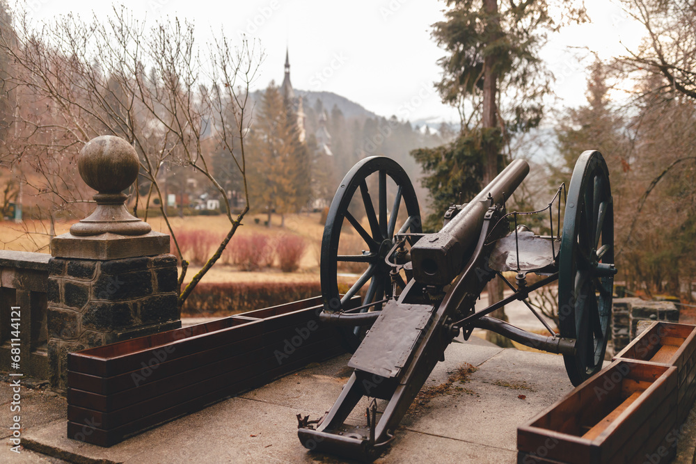An Antique Cannon Displayed on a Rustic Wooden Table at Peles Castle