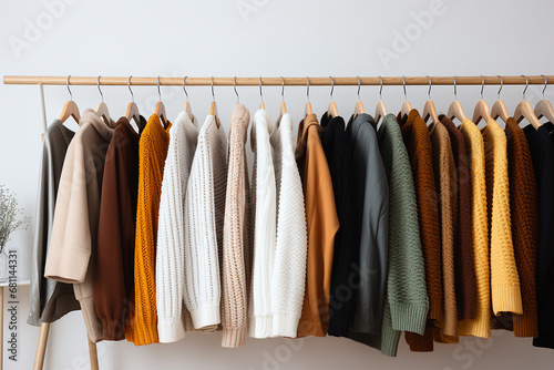 Many autumn and winter clothes hanging in row