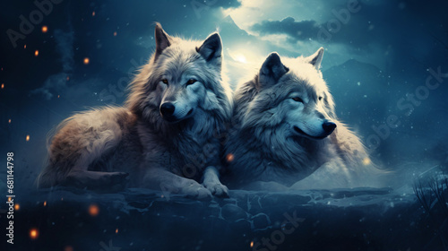 two wolves in the moonlight