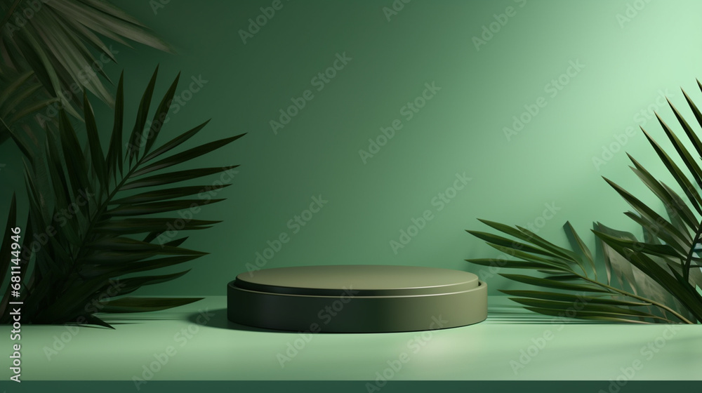 An abstract green podium with palm leaves