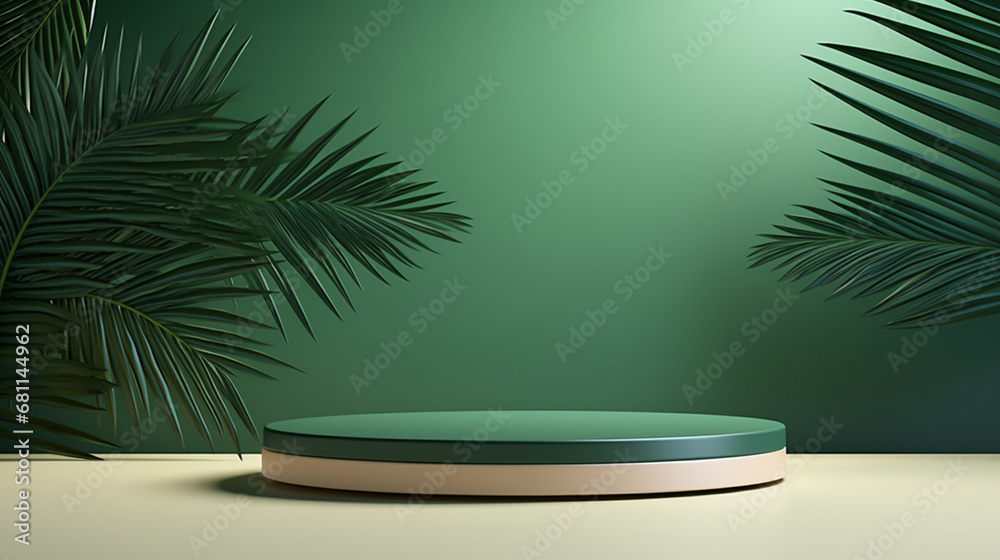 An abstract green podium with palm leaves