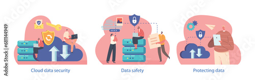 Isolated Vector Elements With Characters Perform Cloud Data Safety Scenes, Ensure Secure Storage, Encryption, And Backup