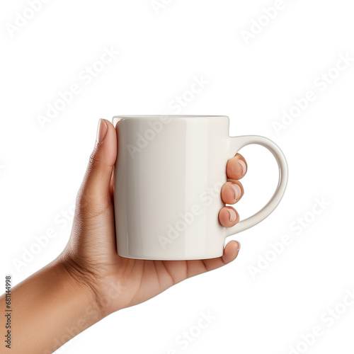 Hand holding a coffee mug on a white background, PNG file