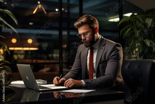 A stylish bearded man in a suit with glasses working with his laptop in a modern office