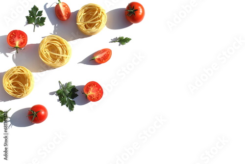 Round spaghetti in the form of a nest with red ripe tomatoes lies on a white background.