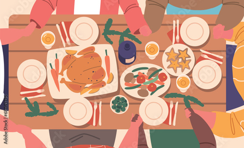 Family Joined Hands In A Christmas Prayer, Gathered Around A Festive Table Top View. People Expressing Gratitude