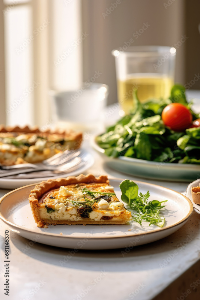 Egg and spinach quiche with cherry tomatoes on a plate in the kitchen. A healthy breakfast menu. Egg and spinach quiche with cherry tomatoes on a plate in the kitchen. A healthy breakfast menu.
