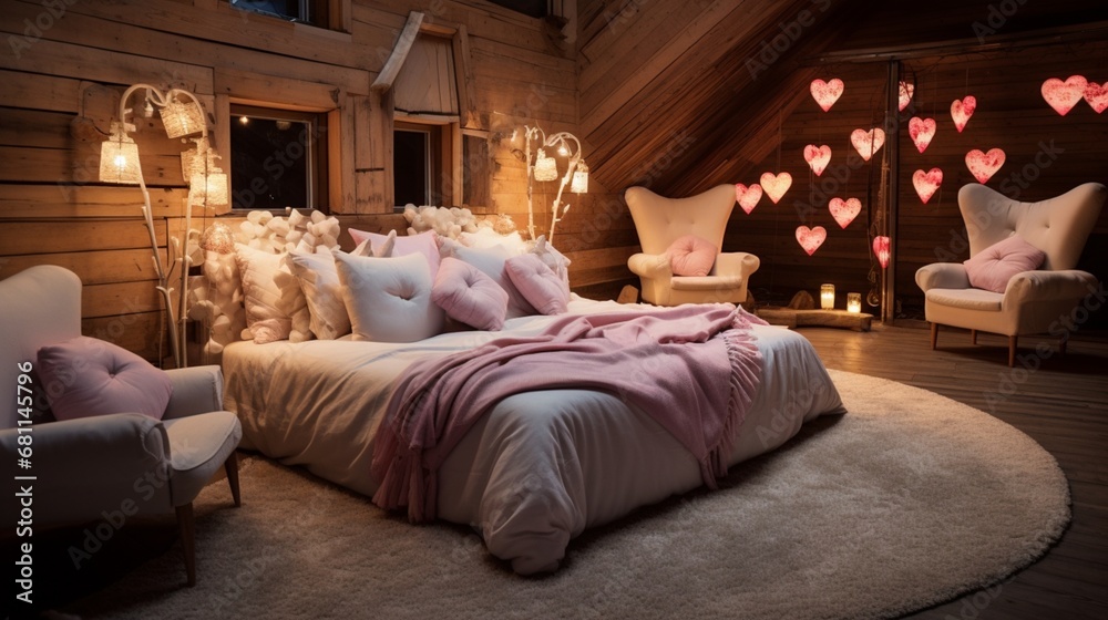 A bedroom with a heart-shaped rug and a cluster of heart-shaped throw pillows.